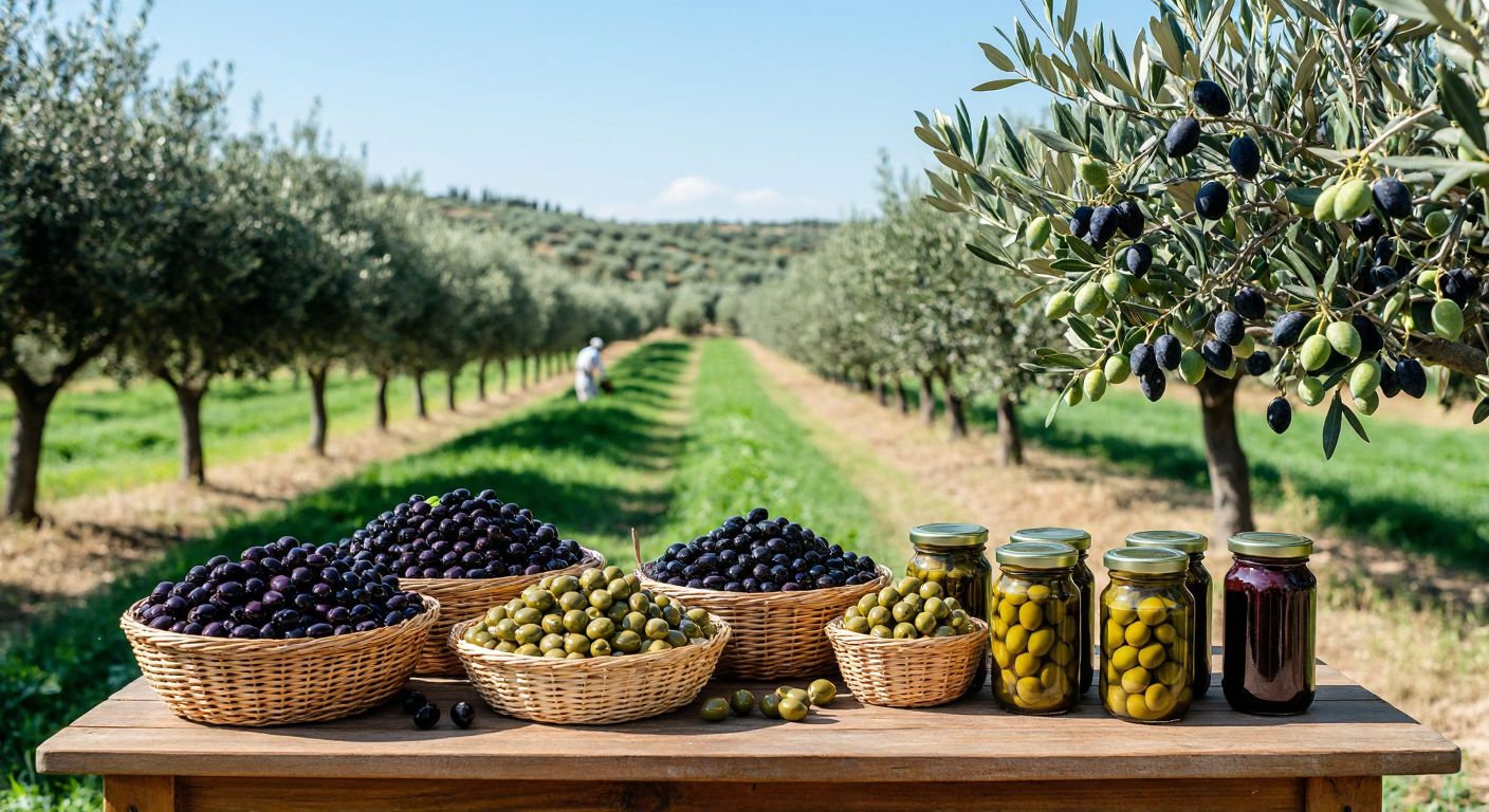 A sunlit Turkish olive grove with rows of olive trees bearing plump green and black fruits, while workers in traditional attire handpick olives into woven baskets, and nearby, jars of differently cured olives—brined, oiled, and natural—sit on a wooden table under a clear blue sky.