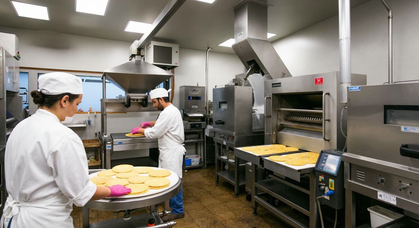 A bustling industrial kitchen with stainless steel machines—a dough mixer, tortilla press, and conveyor oven—producing golden, round tortillas while workers in white aprons monitor the process.