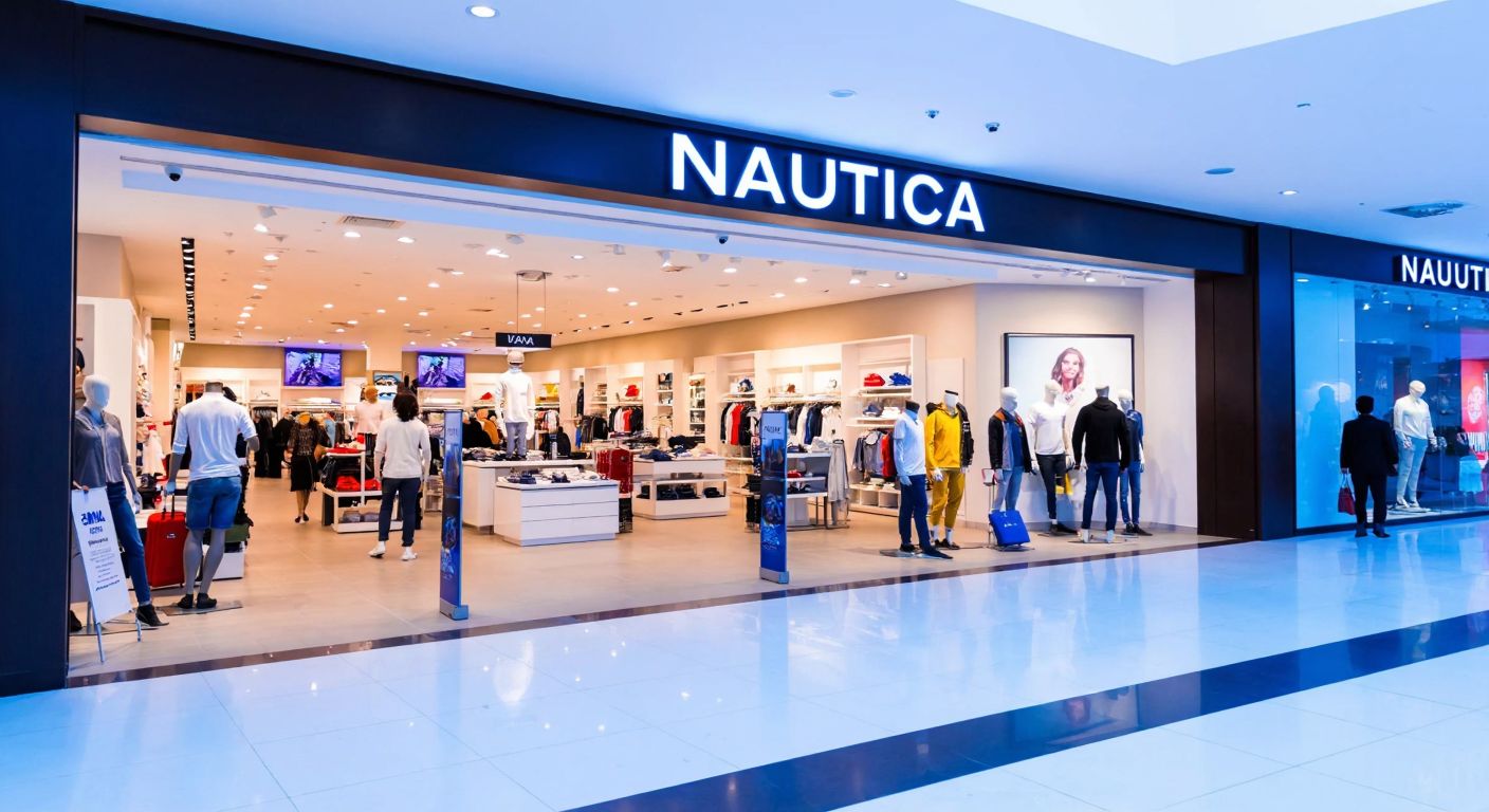A bustling shopping mall in İzmir's Karşıyaka district, with a well-lit Nautica store on the ground floor, surrounded by shoppers carrying bags and mannequins displaying casual wear.