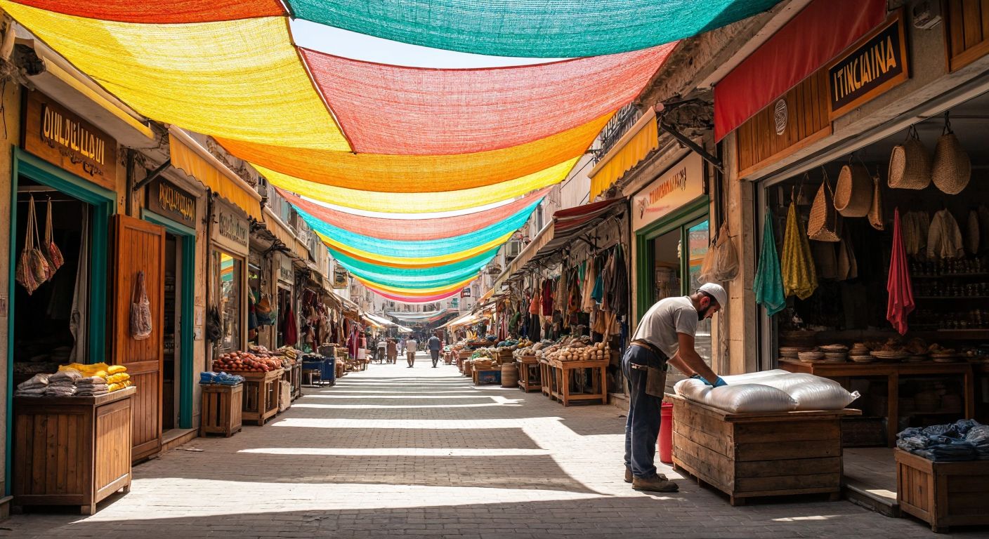 A vibrant Turkish marketplace with colorful shade nets stretched overhead, a craftsman installing a door seal on a wooden entrance, and a water filtration system with a protective membrane filter, all under the warm glow of the sun.