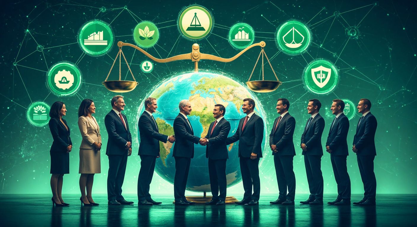 A group of diverse leaders in formal attire standing around a globe, shaking hands with a backdrop of interconnected economic, environmental, and security symbols like green leaves, a balanced scale, and a shield.