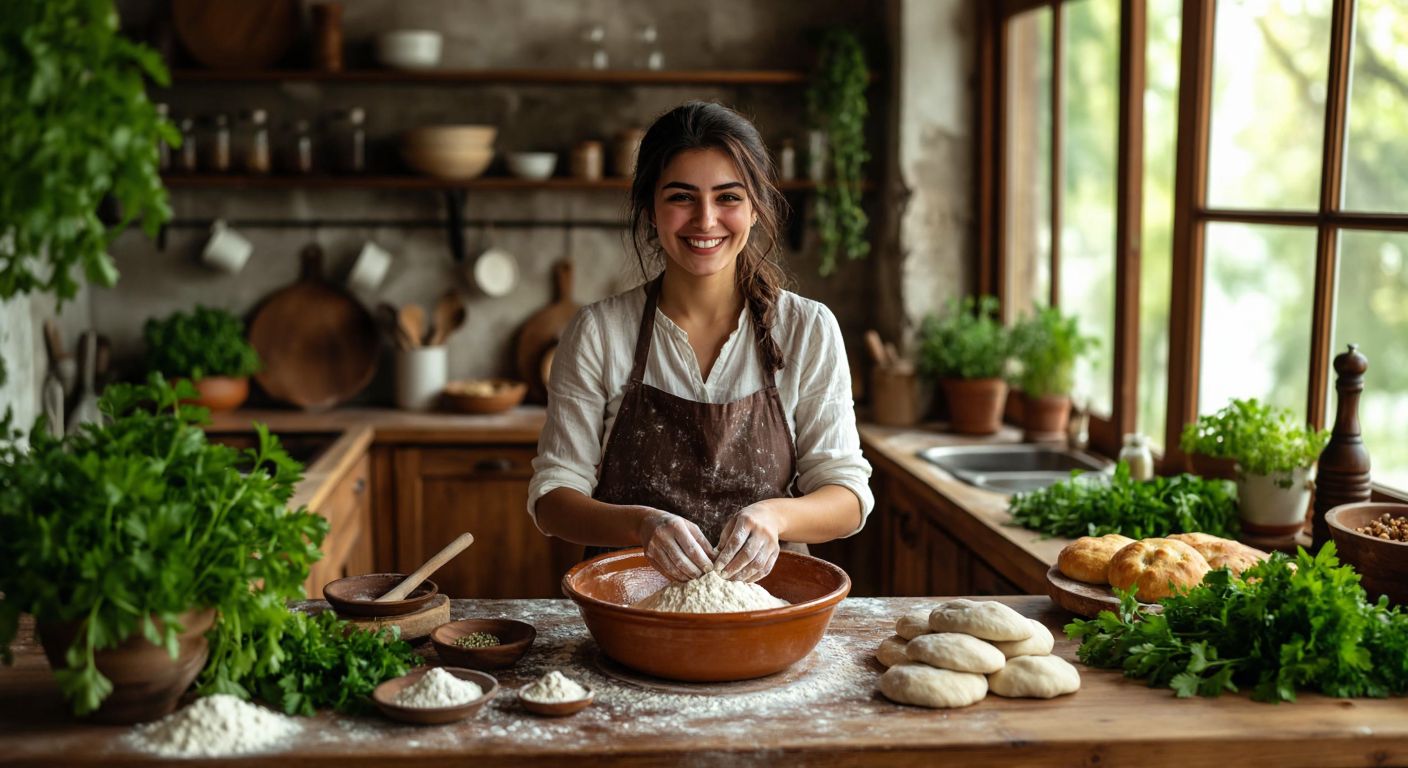 A warm Turkish kitchen with golden-brown dough rising in a ceramic bowl, fresh herbs and flour scattered on a wooden table, and a smiling woman in an apron kneading dough with her hands.
