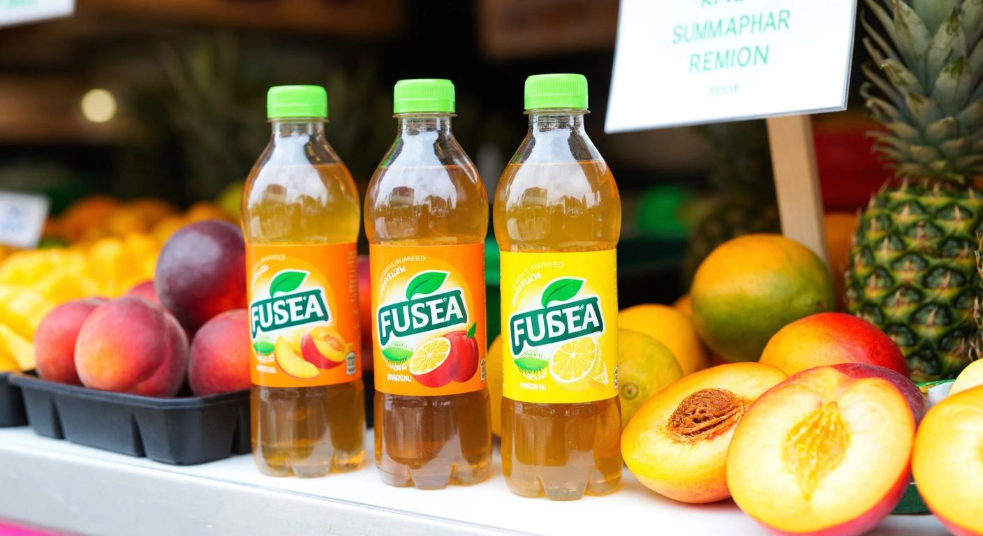 A vibrant Turkish market stall displays chilled FuseTea bottles in peach, mango-pineapple, and lemon flavors, with fresh slices of the corresponding fruits beside them, evoking a refreshing summer atmosphere.
