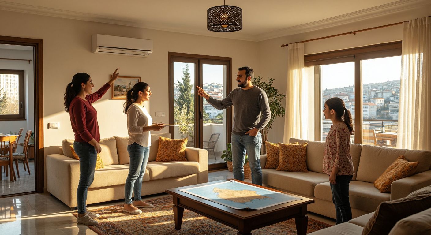 A Turkish family stands in a sunlit living room, pointing at a wall-mounted air conditioner while a man measures the room with a tape, surrounded by a map of Turkey’s regions subtly displayed on the table.