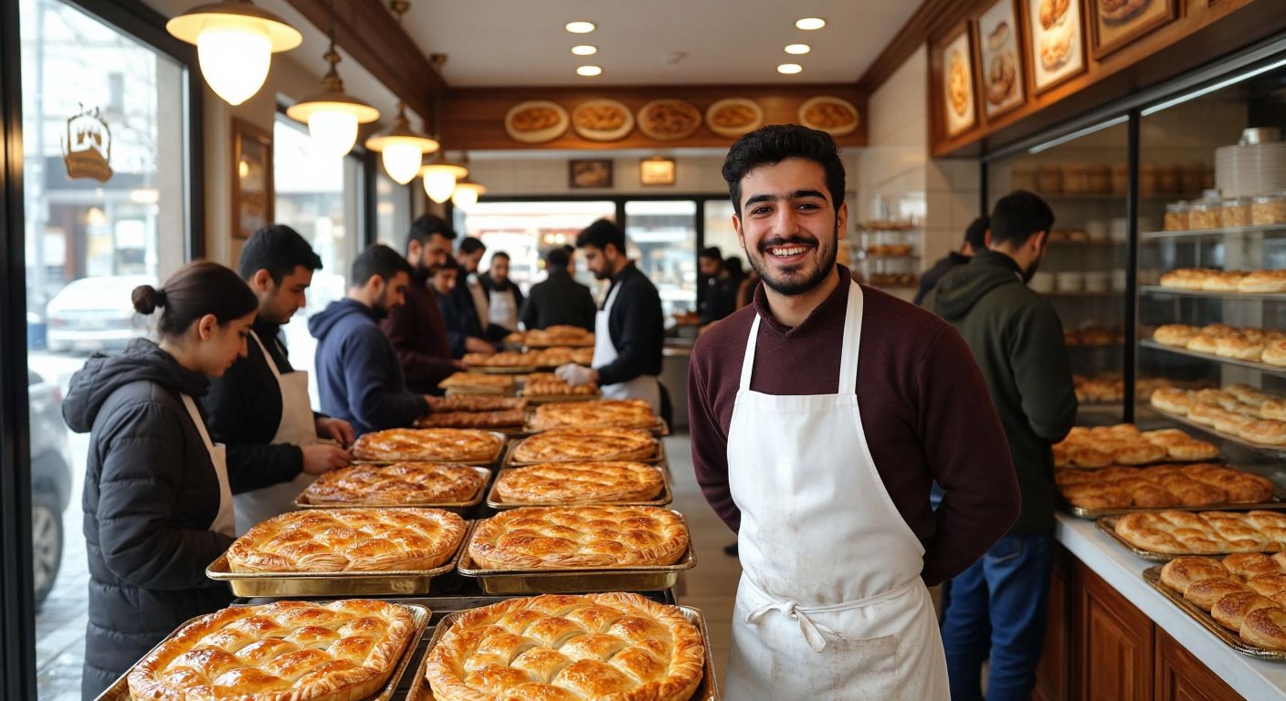 A warm, bustling bakery in Başakşehir with golden trays of flaky Sarıyer börek, a smiling baker in a white apron, and customers eagerly waiting in line.