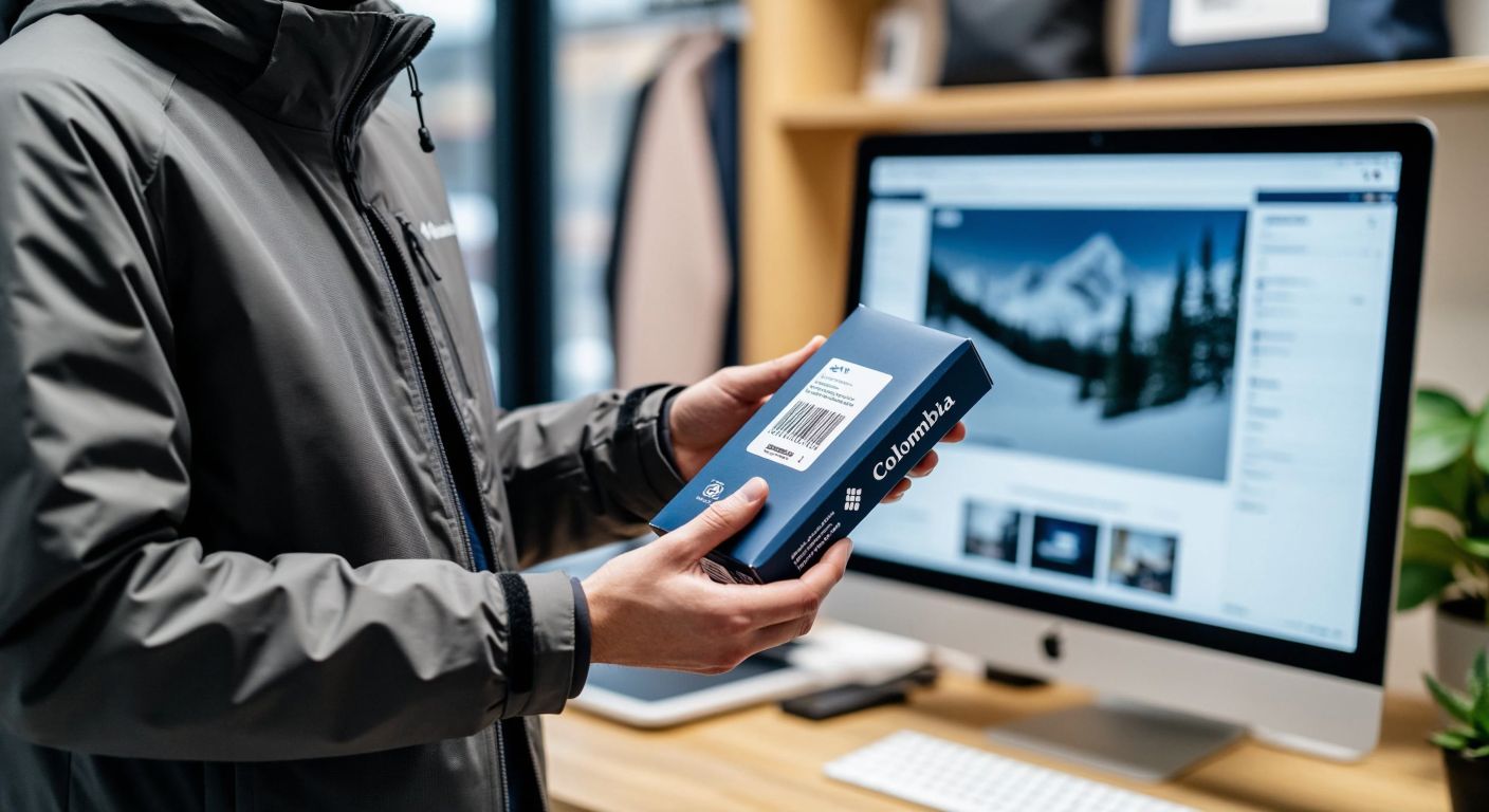 A person in a modern outdoor jacket holds a Columbia-branded product with a visible barcode, standing near a computer displaying a generic website interface.