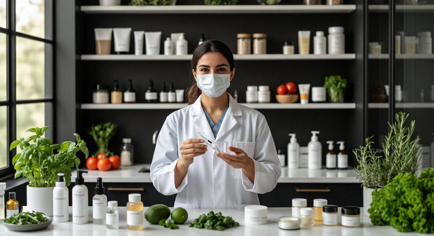 A Turkish scientist in a white lab coat holds a clear vial of poligliserol while standing between a neatly arranged kitchen with fresh ingredients and a cosmetics counter displaying creams and lotions.