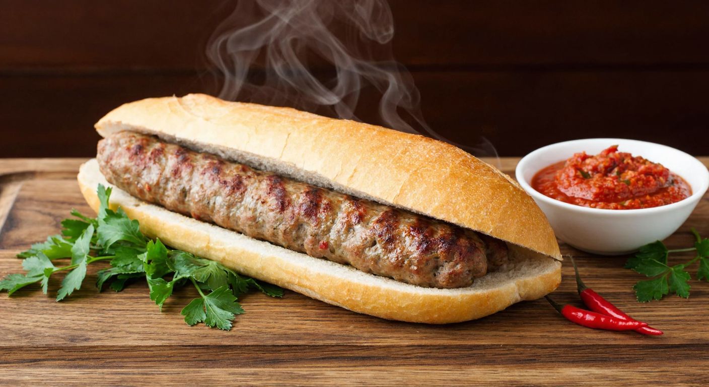 A golden-brown grilled köfte nestled in a fresh, crusty bread roll, with steam rising from the juicy meat, placed on a rustic wooden table beside a small bowl of vibrant red pepper paste and fresh parsley.