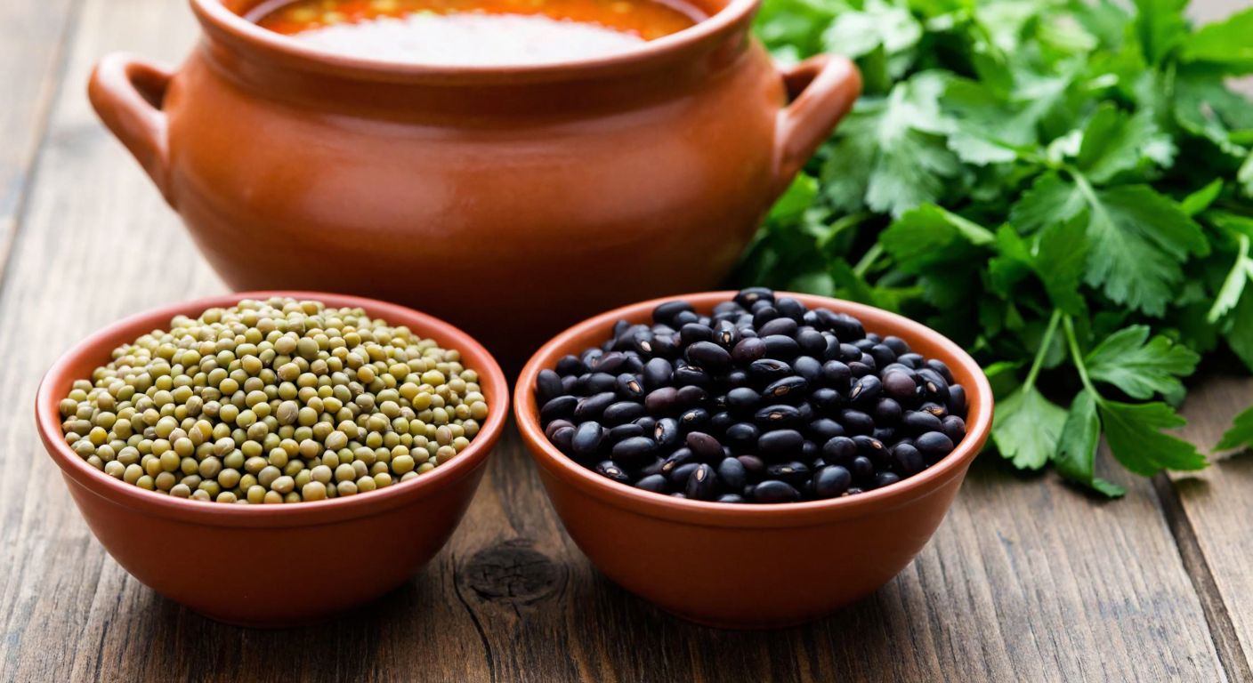 A rustic wooden table in a Turkish kitchen holds two small bowls side by side—one filled with small, round green mung beans and the other with dark black beans, surrounded by fresh herbs and a clay pot of simmering soup.