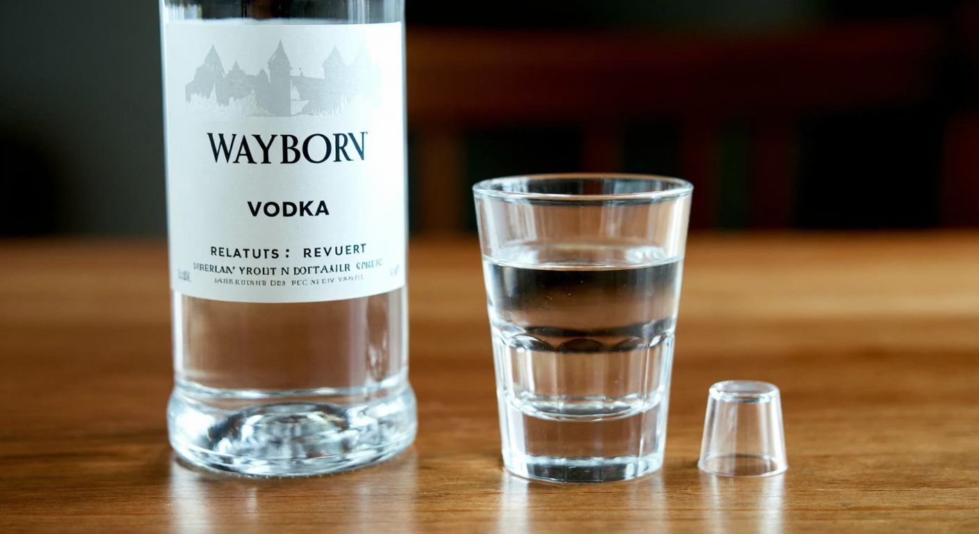 A clear glass bottle of Wayborn Vodka with a sleek silver label, placed on a wooden table next to a frosty shot glass, evoking a crisp and refined drinking experience.