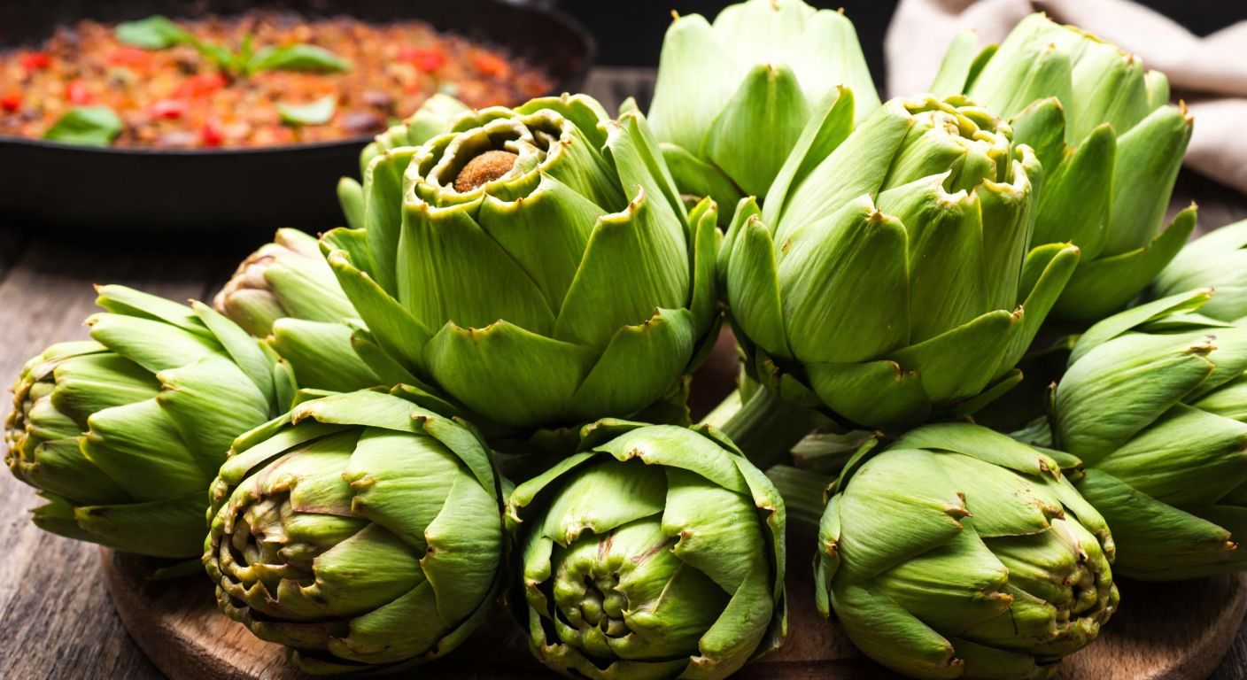 A vibrant display of fresh Aydın artichokes with their thin, glossy leaves and plump shape, arranged on a rustic wooden table beside a steaming traditional Turkish dish of stuffed artichokes, evoking the rich flavors and cultural pride of Aydın.
