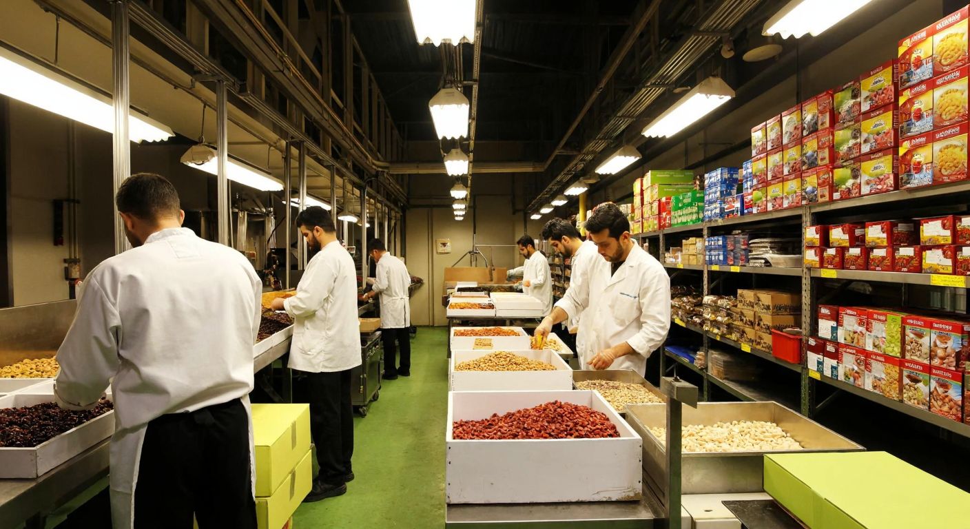 A bustling Turkish food factory with workers in white uniforms packaging dried fruits and nuts, surrounded by shelves stacked with colorful product boxes under warm industrial lighting.