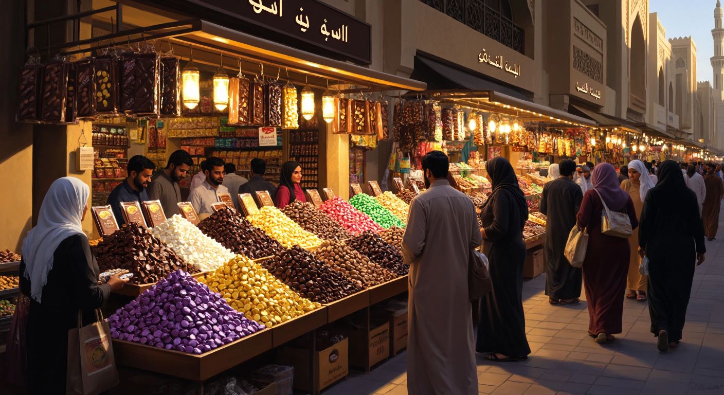 A bustling Dubai market stall overflowing with colorful, oversized chocolate bars, surrounded by diverse shoppers haggling with vendors under warm golden lights.