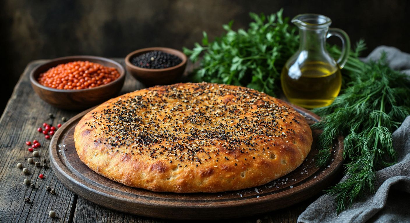 A warm, golden-brown lentil bread fresh from the oven, sprinkled with black nigella seeds, resting on a rustic wooden table beside a bowl of red lentils, fresh dill, and a small jug of olive oil, evoking the cozy atmosphere of a Turkish kitchen.