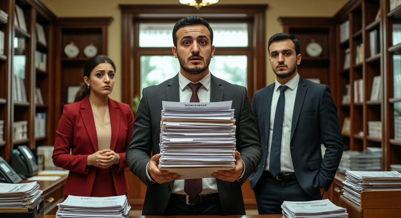 A Turkish accountant in a formal office setting, holding a stack of documents labeled with various tax categories, while a businessman and a shopkeeper look on with expressions of curiosity and concern.