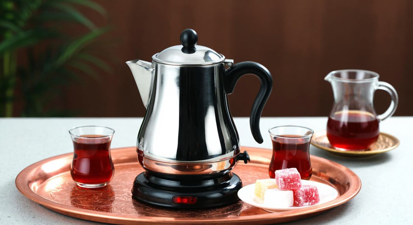 A traditional Turkish tea set with a shiny Goldmaster Demlika electric tea maker placed on a copper tray, surrounded by small tulip-shaped glasses and a plate of Turkish delight, evoking warmth and hospitality.