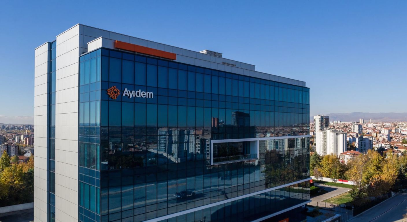 A modern office building in Ankara with the Aydem Energy logo subtly integrated into its glass facade, set against a backdrop of the city's skyline under a clear blue sky.