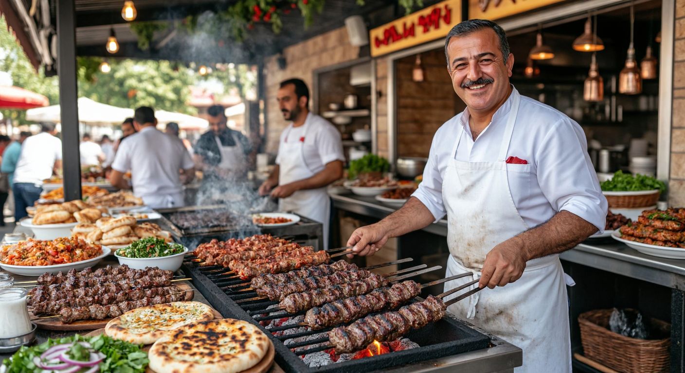 A bustling Turkish kebab restaurant in Kemer with a smiling, middle-aged man (Mehmet Dinçer) in a white apron grilling skewered meat over glowing charcoal, surrounded by vibrant plates of kebabs, fresh bread, and colorful meze dishes.