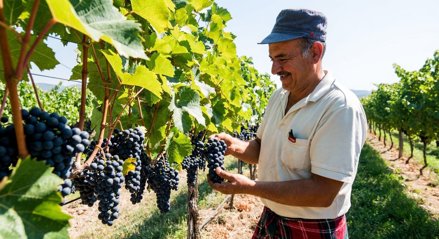A sunlit vineyard in Balıkesir with rows of lush grapevines bearing dark purple Pinot Noir and Cabernet Sauvignon grapes, while a smiling farmer in traditional Turkish attire carefully inspects a cluster of Bornova misket grapes.