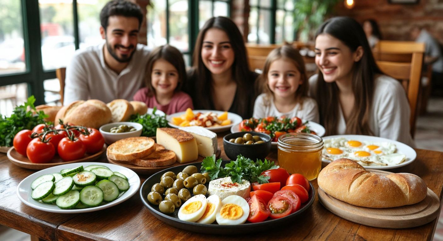 A vibrant Turkish breakfast spread on a wooden table, featuring fresh bread, olives, cheese, honey, tomatoes, cucumbers, and boiled eggs, with a smiling family gathered around, their faces glowing with warmth and contentment.
