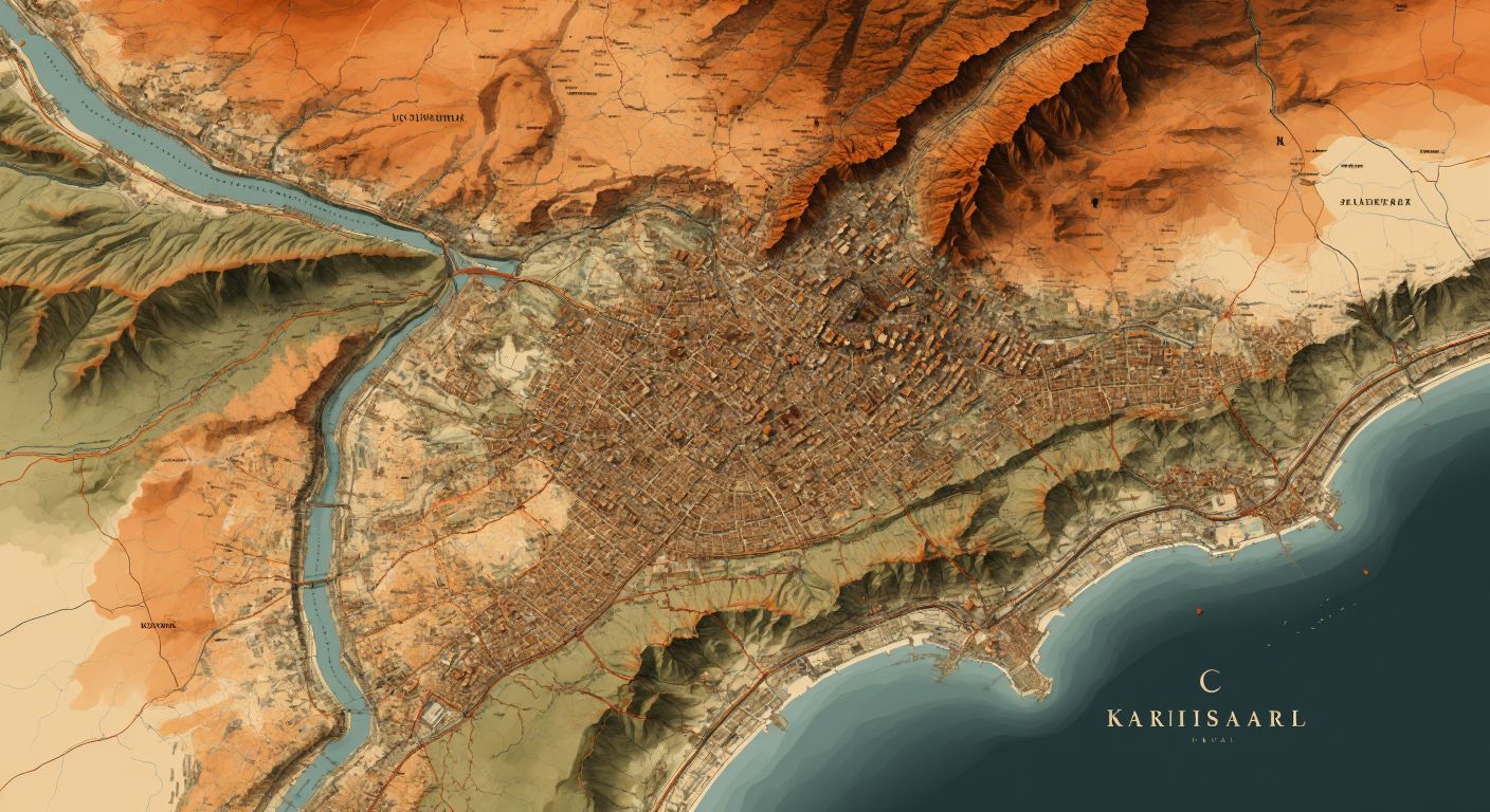 A detailed aerial map of Istanbul's European and Asian sides, with sturdy neighborhoods like Beşiktaş and Üsküdar highlighted in warm earthy tones, contrasting with riskier areas in cooler shades, while a geologist examines soil samples near the Bosphorus.