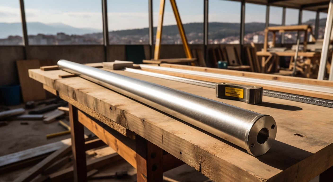 A sturdy aluminum railing glistens under sunlight, resting on a wooden workbench with a tape measure beside it, evoking a construction site in Turkey.