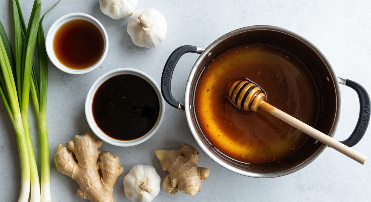 A Turkish kitchen counter with fresh garlic, ginger, honey, and soy sauce arranged neatly beside a small pot simmering with a glossy, dark teriyaki sauce, steam rising gently from the surface.