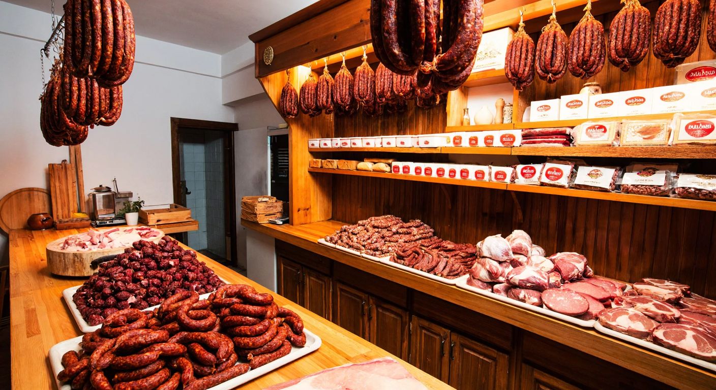 A rustic Turkish butcher shop with hanging strands of spicy Apikoğlu sucuk, a warm wooden counter, and shelves lined with traditional meat products, evoking a sense of heritage and craftsmanship.