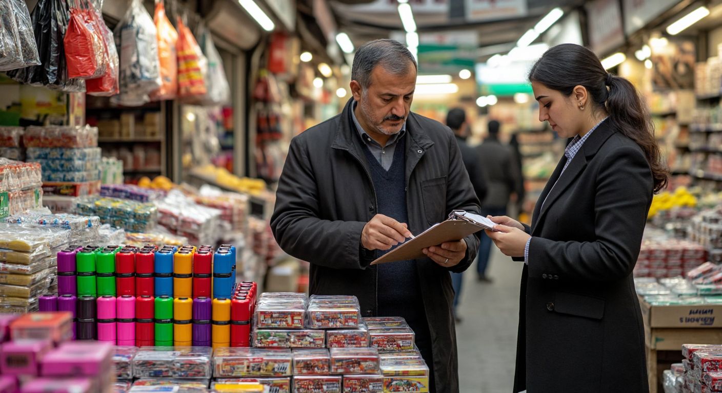 A Turkish merchant in a bustling wholesale market carefully inspecting a stack of colorful lighters while a customer in business attire compares prices on a clipboard nearby.