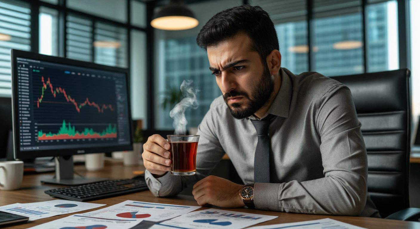 A Turkish investor in a modern office, frowning at a stock market graph on a monitor while holding a steaming cup of traditional Turkish tea, surrounded by scattered financial reports.