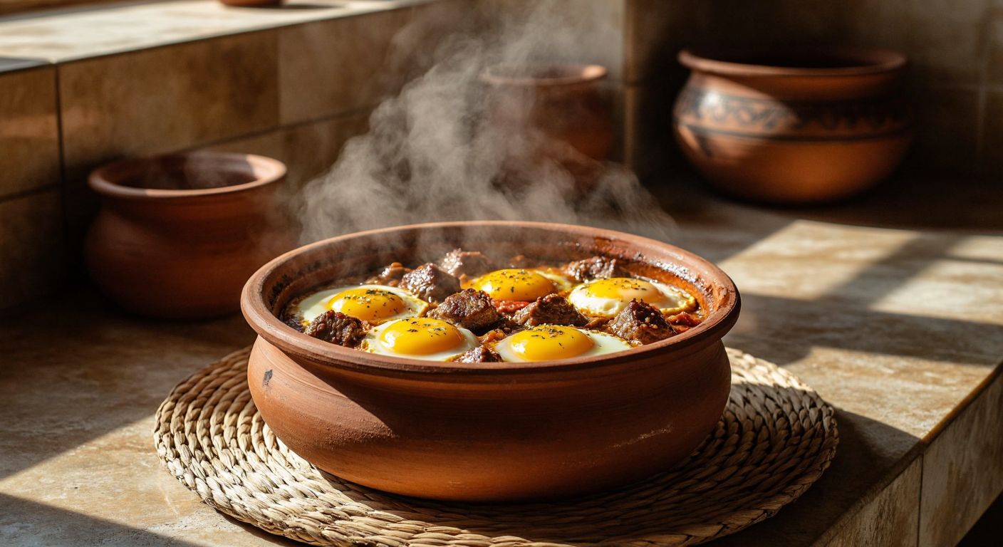 A steaming clay pot of slow-cooked eggs and meat with Middle Eastern spices, resting on a woven mat in a sunlit Egyptian kitchen.