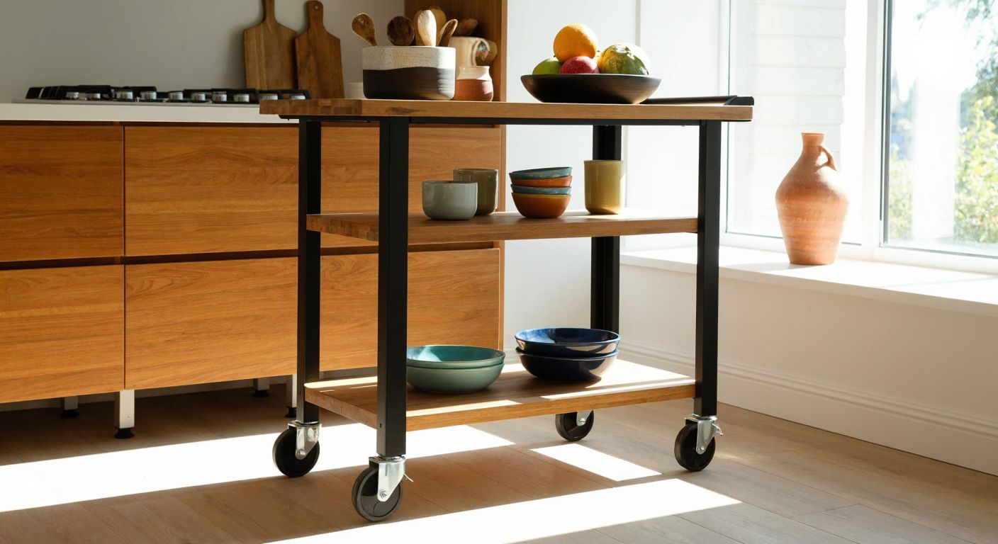 A sleek, wheeled kitchen trolley with wooden shelves and metal legs, placed in a sunlit Turkish kitchen with colorful ceramic bowls and fresh fruits on top.