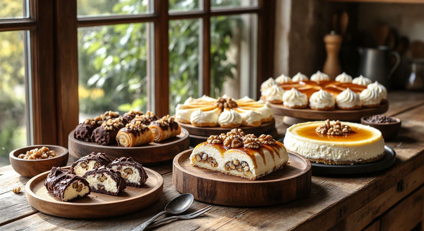A rustic wooden table in a sunlit Turkish kitchen displays a spread of ricotta-based desserts: a slice of chocolate-studded ricotta cake, crispy cannoli filled with creamy ricotta, honey-drizzled crepes topped with walnuts, a creamy ricotta cheesecake, and a delicate almond pudding.