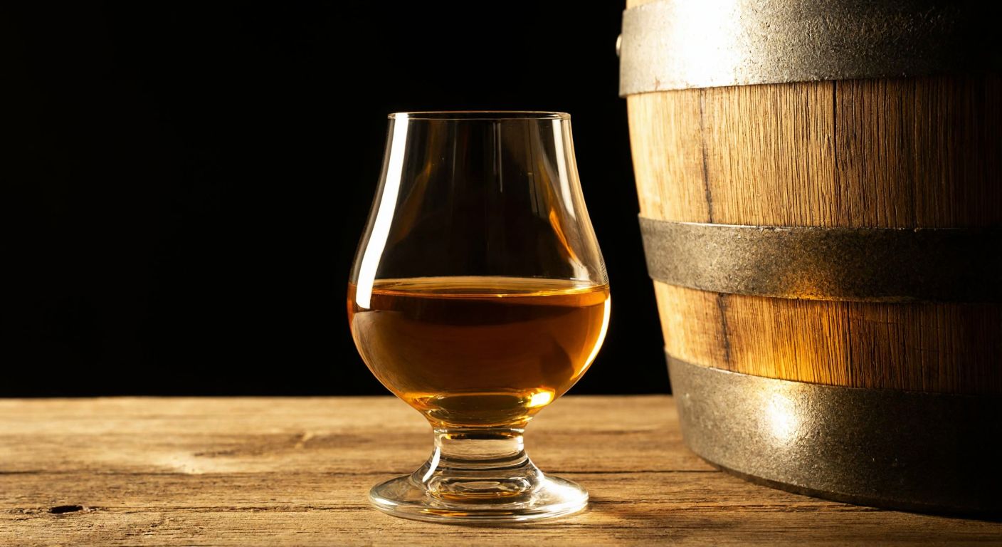 A golden glass of Glenfiddich whiskey rests on a rustic wooden table beside a weathered oak barrel, with soft amber light highlighting its rich, honey-like hue.