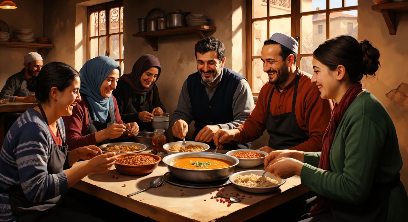 A warm, bustling Turkish aşevi with people of diverse ages and backgrounds sharing a simple yet hearty meal of lentil soup and bread, served by smiling volunteers in a cozy, communal setting.
