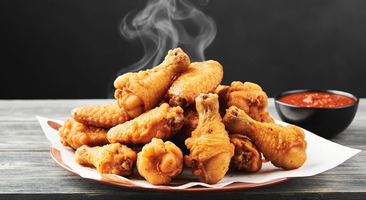 A golden-brown pile of crispy fried chicken wings on a rustic wooden table, with steam rising and a bowl of tangy red pepper sauce nearby, evoking a cozy Turkish home kitchen.