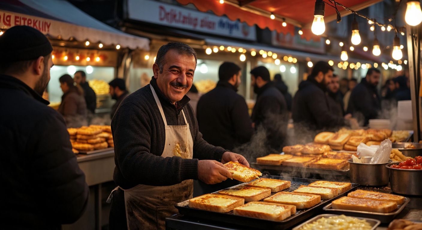 A bustling street food stall in Turkey with a middle-aged man, Murat Kondul, smiling warmly as he grills golden, cheese-filled toasts, surrounded by eager customers under the glow of string lights.