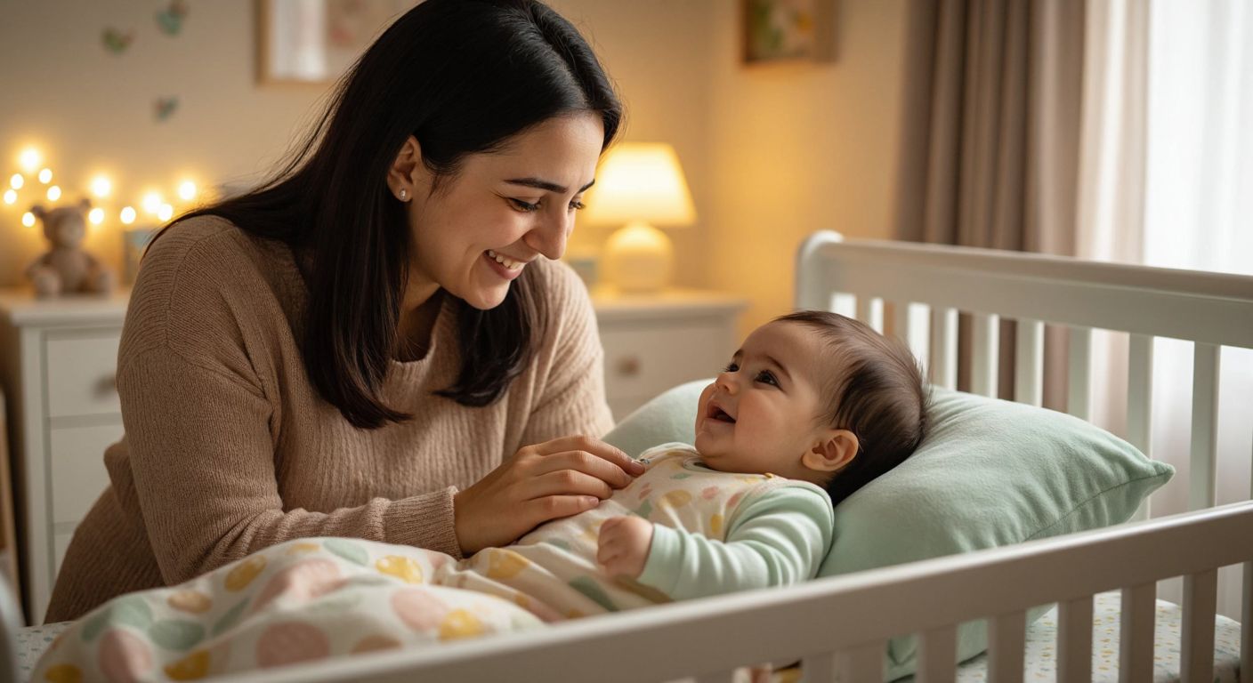 A cozy nursery with a softly lit crib, where a smiling Turkish mother gently tucks her one-year-old baby—wearing a pastel-colored long-sleeved bodysuit—into a fluffy sleep sack, while checking the baby’s neck for comfort.