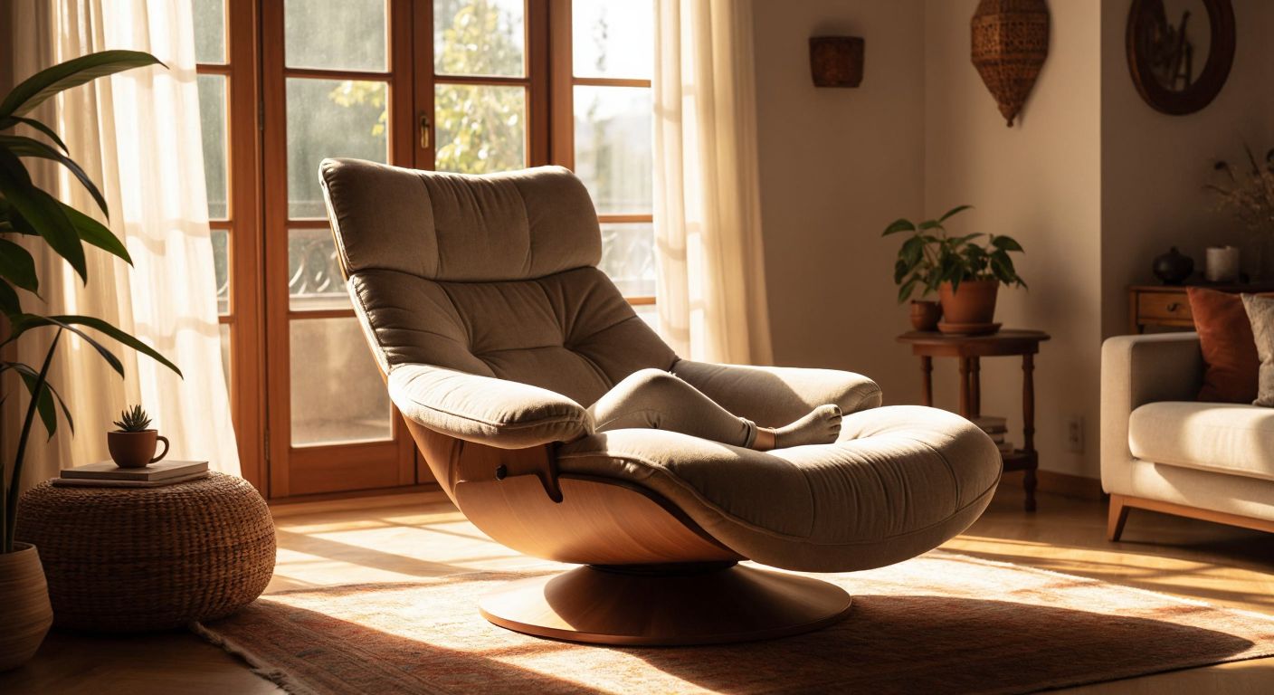 A plush, ergonomic chair with a high backrest and cushioned seat sits in a cozy Turkish living room, bathed in warm sunlight, while a person relaxes comfortably with their feet flat on the floor and knees at a perfect right angle.