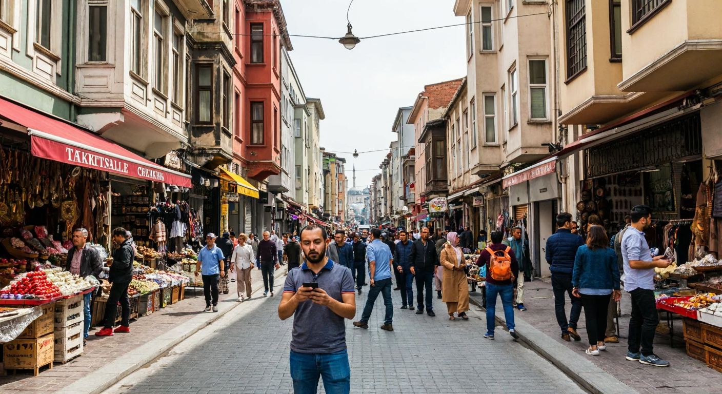 A bustling Istanbul street in Tahtakale with vendors and shoppers, framed by historic Ottoman-era buildings, while a person holds a phone and looks confused.