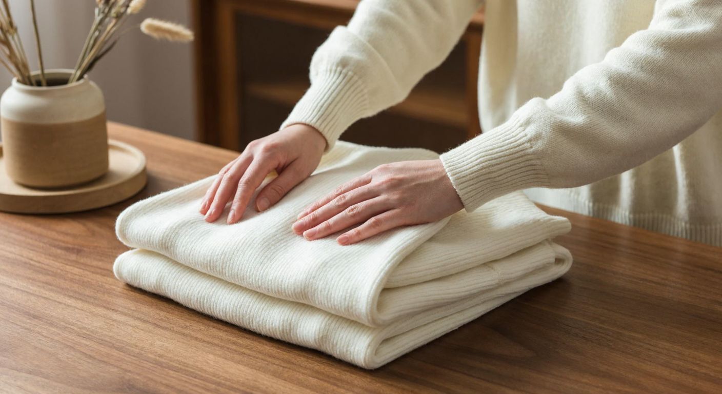 A pair of hands carefully folding a thick, cream-colored long-sleeved sweater on a wooden table, with neatly aligned sleeves crossed over the front and the hem folded up, evoking a sense of order and warmth.