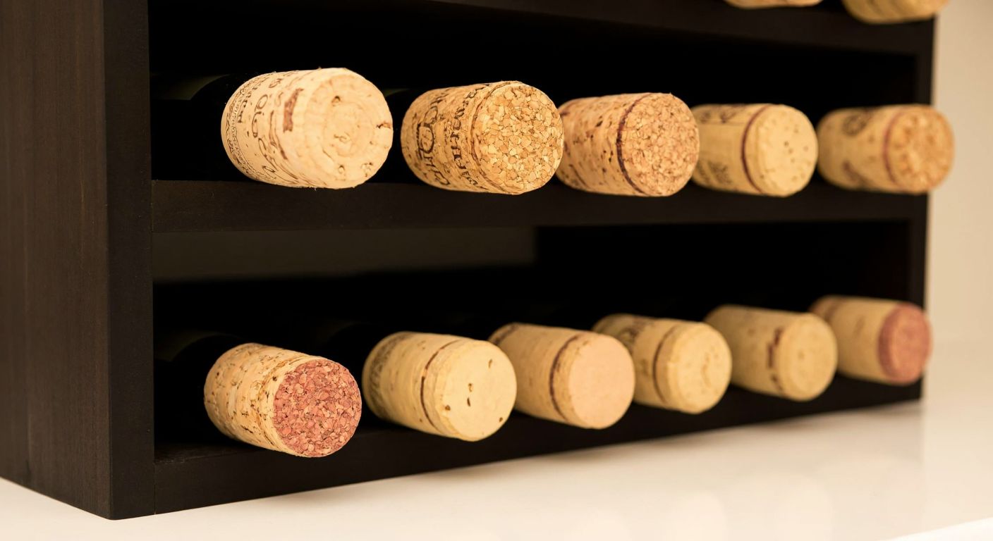 A dark wooden wine rack holding several corked bottles of wine lying horizontally, with a soft golden light highlighting the moist corks to emphasize their preservation.