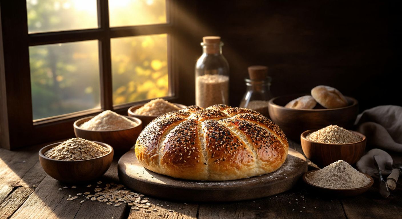 A rustic wooden table holds a freshly baked Ottoman-style loaf, its crust dusted with sesame and poppy seeds, surrounded by small bowls of whole wheat flour, oats, and rye, with a warm golden glow from sunlight streaming through a nearby window.