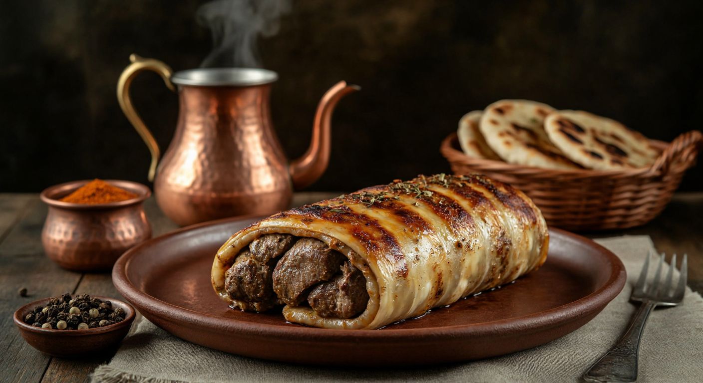 A golden-brown lamb liver roll, wrapped in thin caul fat and seasoned with aromatic spices, sits steaming on a rustic clay plate beside a traditional Turkish copper coffee pot and a basket of warm flatbread.
