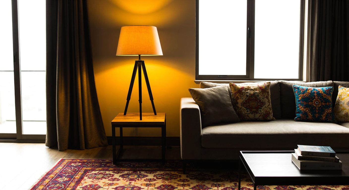A sleek black tripod lamp with a fabric shade stands on a wooden side table in a cozy Turkish living room, casting a warm golden glow on a patterned rug and embroidered cushions.