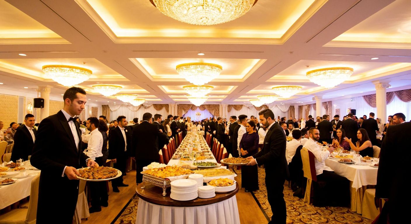 A grand, elegantly decorated Turkish wedding hall with long tables draped in white linens, golden chandeliers overhead, and waiters serving trays of traditional dishes like kebabs and baklava to a large, joyful crowd of guests in formal attire.