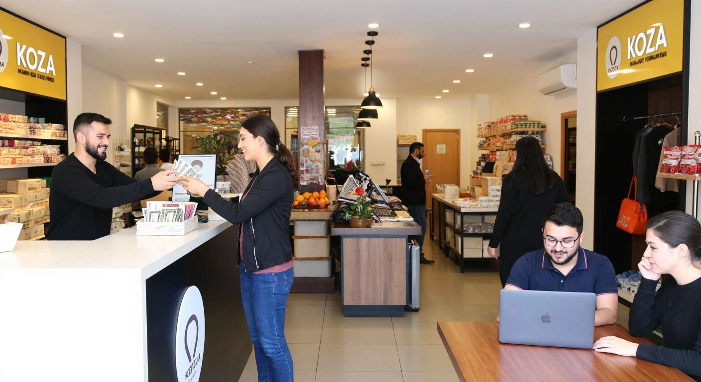 A bustling Yeni Koza store in Adana with a customer handing cash to a smiling clerk behind the counter, while another person sits at a nearby table using a laptop, and a third checks their phone with a relieved expression.