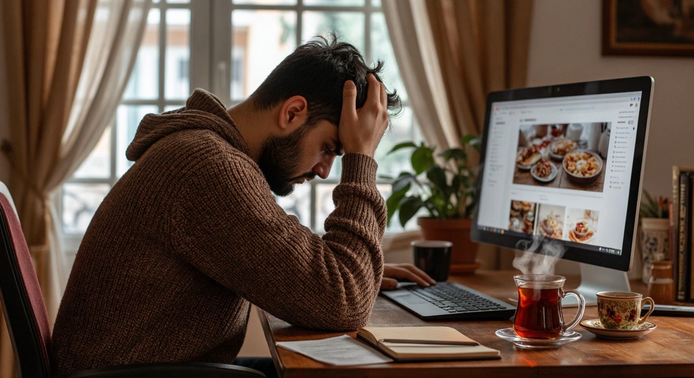 A frustrated person in Turkey sits at a computer, scratching their head while browsing discount coupon websites on the screen, with a steaming cup of Turkish tea beside them.