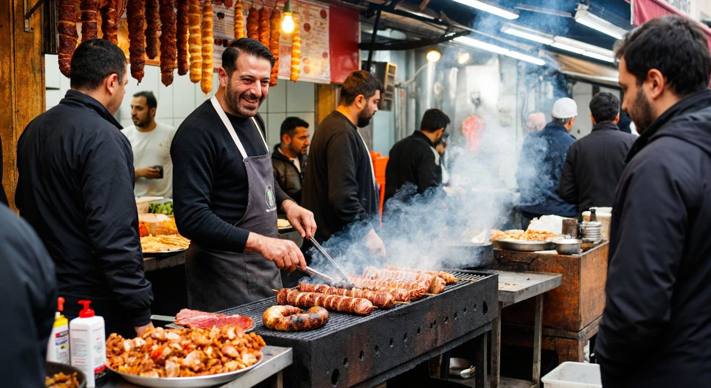 A bustling street food stall in Turkey with a smiling middle-aged man, İsmail Demirci, grilling kokoreç over a charcoal fire, surrounded by eager customers and the smoky aroma of spices.