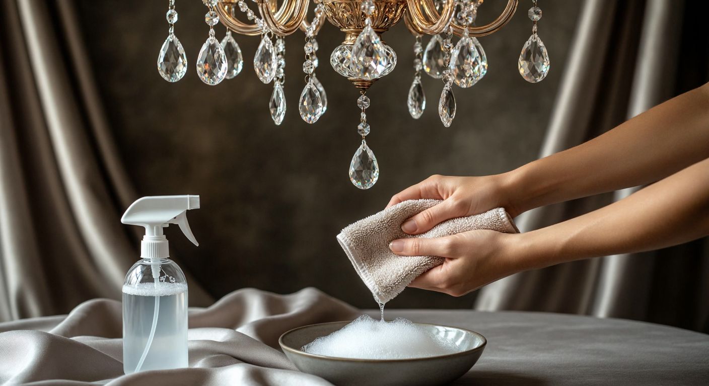 A pair of hands carefully wiping sparkling crystal pendants of a chandelier with a soft microfiber cloth, while a small spray bottle and a bowl of soapy water sit nearby on a draped tablecloth.